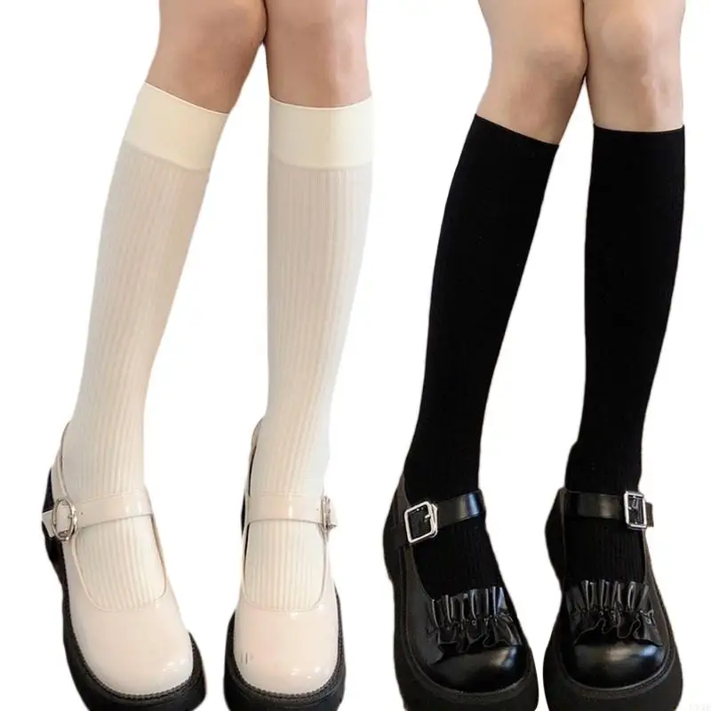 Preppy Women Knee High Socks Sweet Milky White Black Vertical Striped Solid Color Uniform Thin Calf Stockings