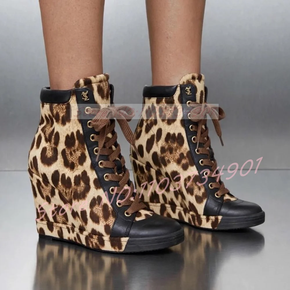 Leopard Canvas Wedge Sneakers Boots Women Black/Brown Leather Patchwork Lace Up Round Toe Ankle Boots Chic Retro 10CM High Heels