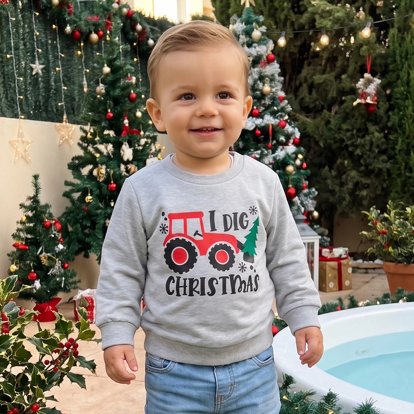 Toddler Boy Christmas Sweatshirts Long Sleeve Tractor Print Pullovers