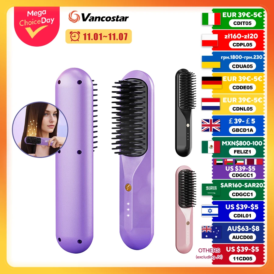 Cordless Electric Hair Brushes Straightener Brush  Heat Comb for Women Travel Portable Dryer and Straightening Brush Styler