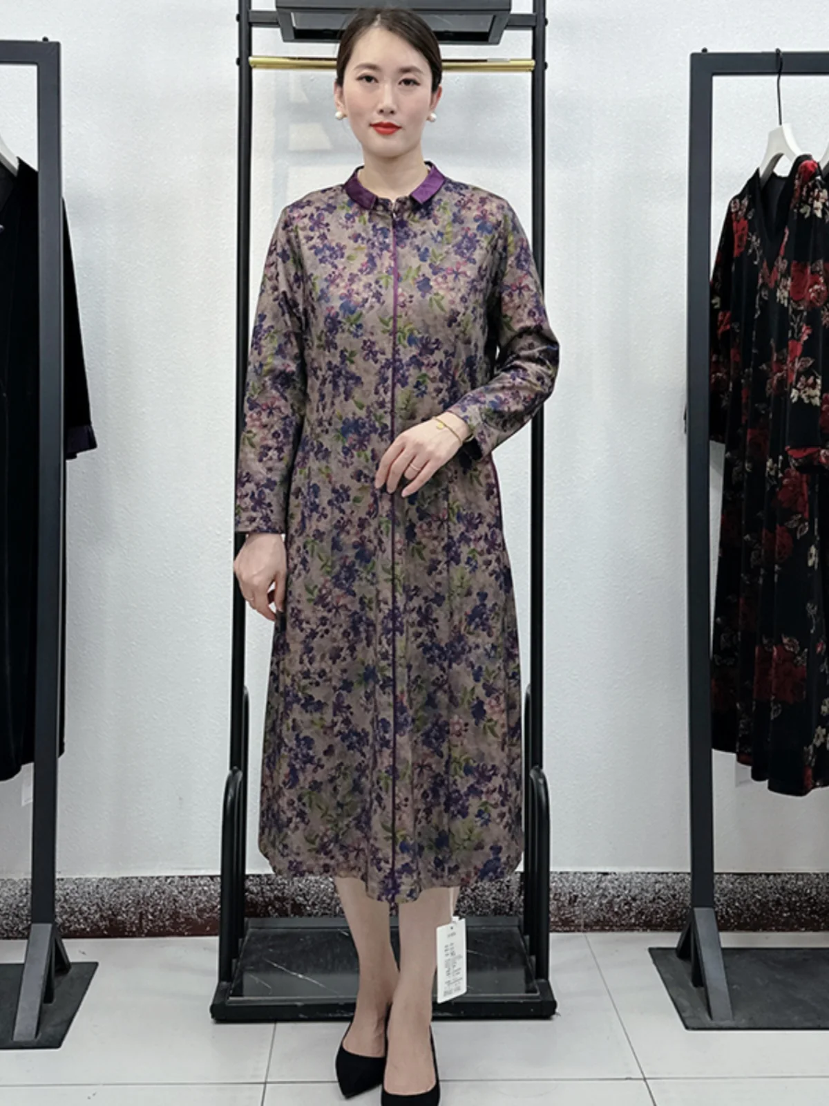 

Ele Slimming A-Line Dr Long Sve Women's Faion Autumn Wear for Middle-Aged Mothers High-End Sle Loose Fit Floral...