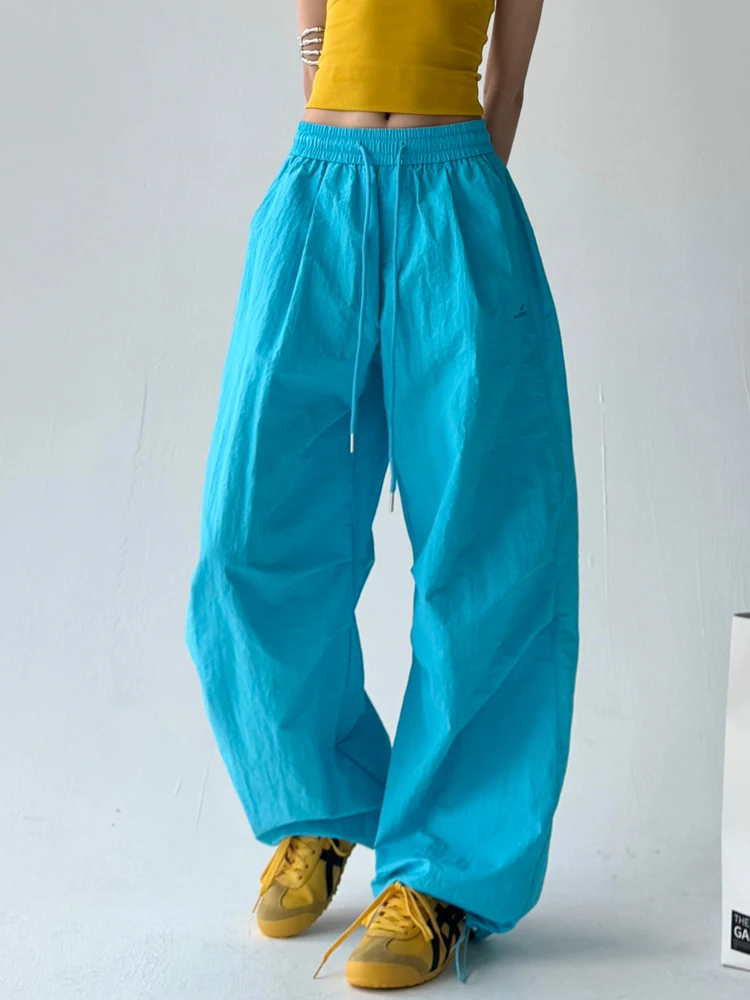 Spodnie damskie na wiosnę i lato 2025, szerokie nogawki, luźne, w stylu hip-hop, spodnie spadochronowe, retro, plisowane, proste, codzienne.