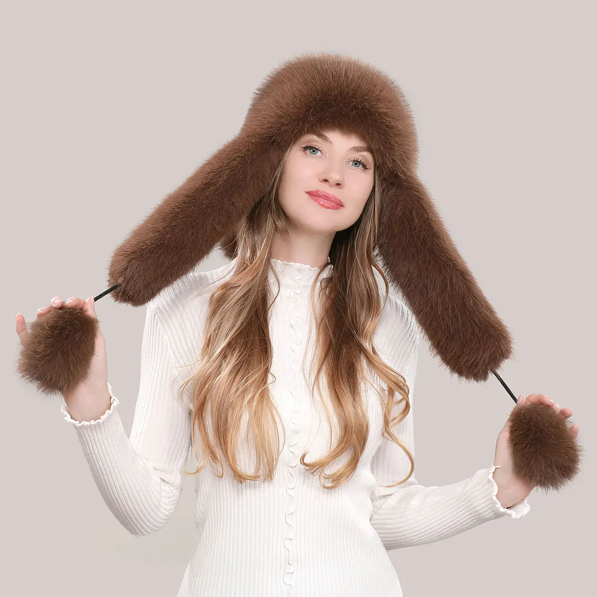 New Style Women's Faux Fur Hat Winter Thickening Warm Russian Flying Hat Fox Fur Large Earmuff Mongolian Hat