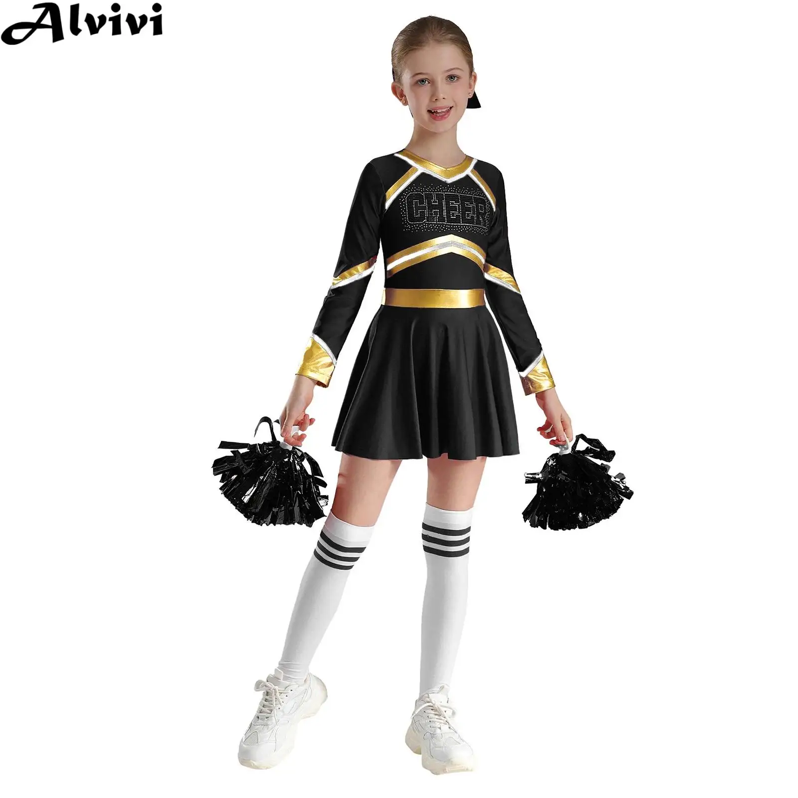 

Kids Girls Cheerleading Dance Performance Outfit Long Sleeve Leotard Dress with Headwear Socks Hand Flowers for Sports Meeting