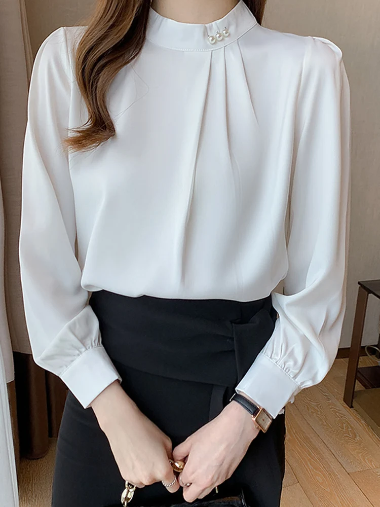 Blusas Mujer De Moda 2024 Long Sleeve Blouse Women Stand Collar White Chiffon Blouse Shirt Women Tops Shirts Blouses Femme F286