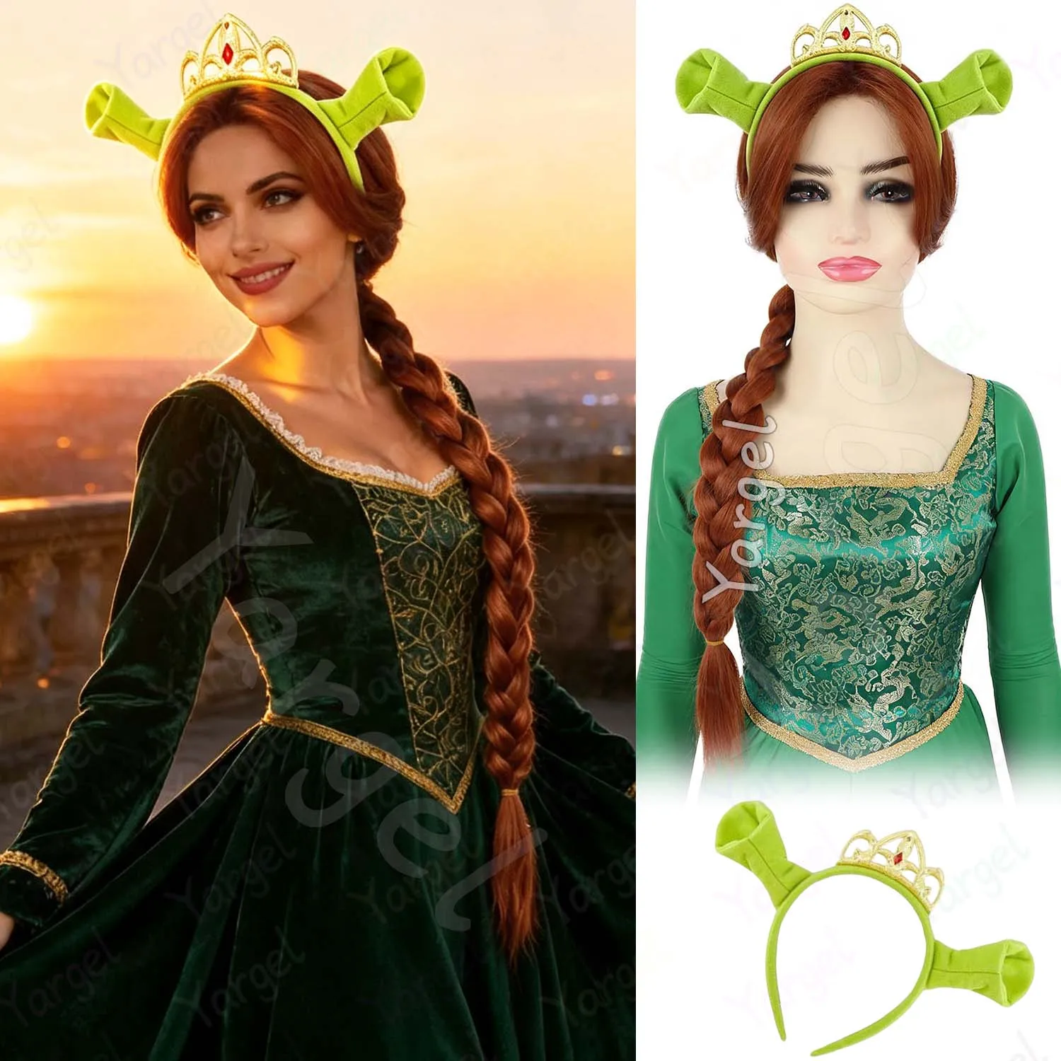 Synthetic Reddish Brown Braided Wigs+Ogre Green Ears Headband with Princess Crown,Anime Fiona Wig for Halloween Cosplay Party
