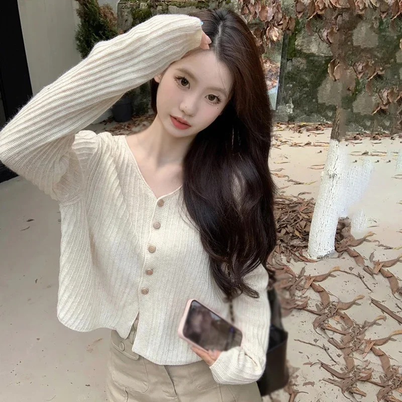 Solid Colour Knitted Long Sleeves Gentle Lazy Style Sweater Cardigan Loose Casual Autumn Winter Women's  Cardigan