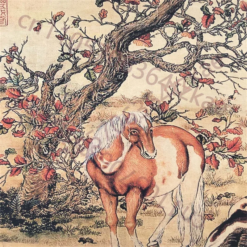 Chinese Old Scroll - Lang Shining's Steeds Picture Painting on Rice Paper Slice collection