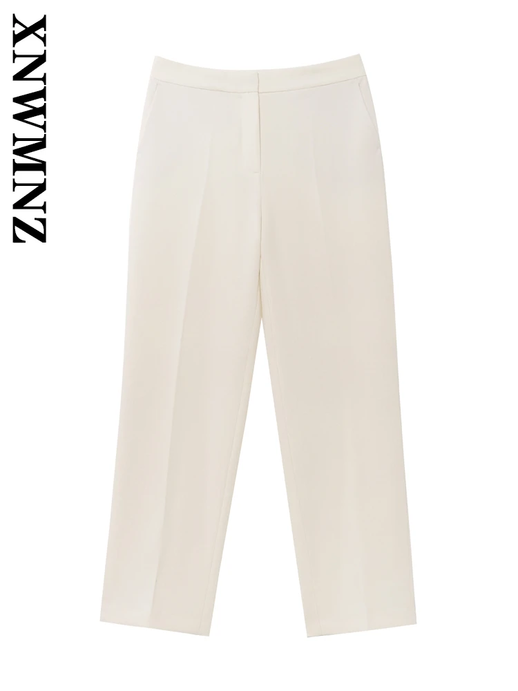

XNWMNZ 2025 Summer New Lady Sophisticated High Waist Long Pants Chic Woman's Bottoms Ruffles Regular Fit Pockets Print