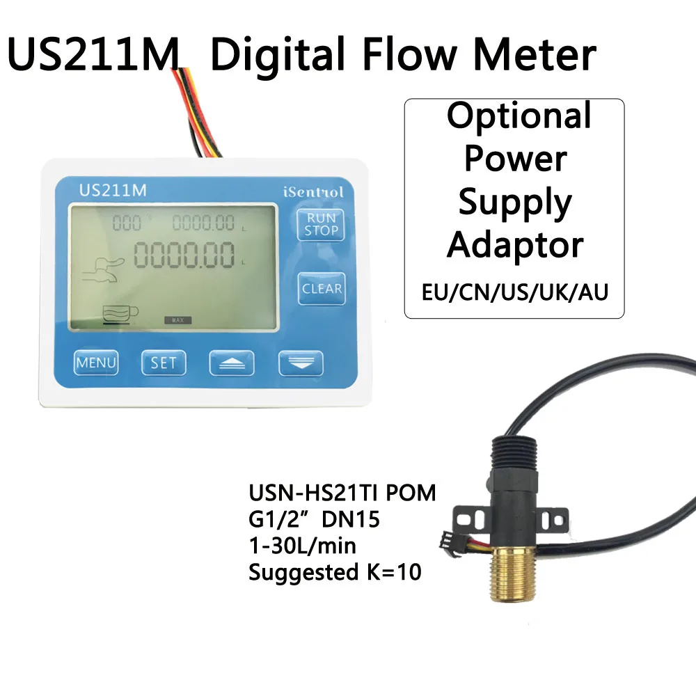 

US211M Digital Flow Meter Totalizer Flow Measurement USN-HS21TI POM Water Flow Sensor G1/2" Turbine Flow meter iSentrol