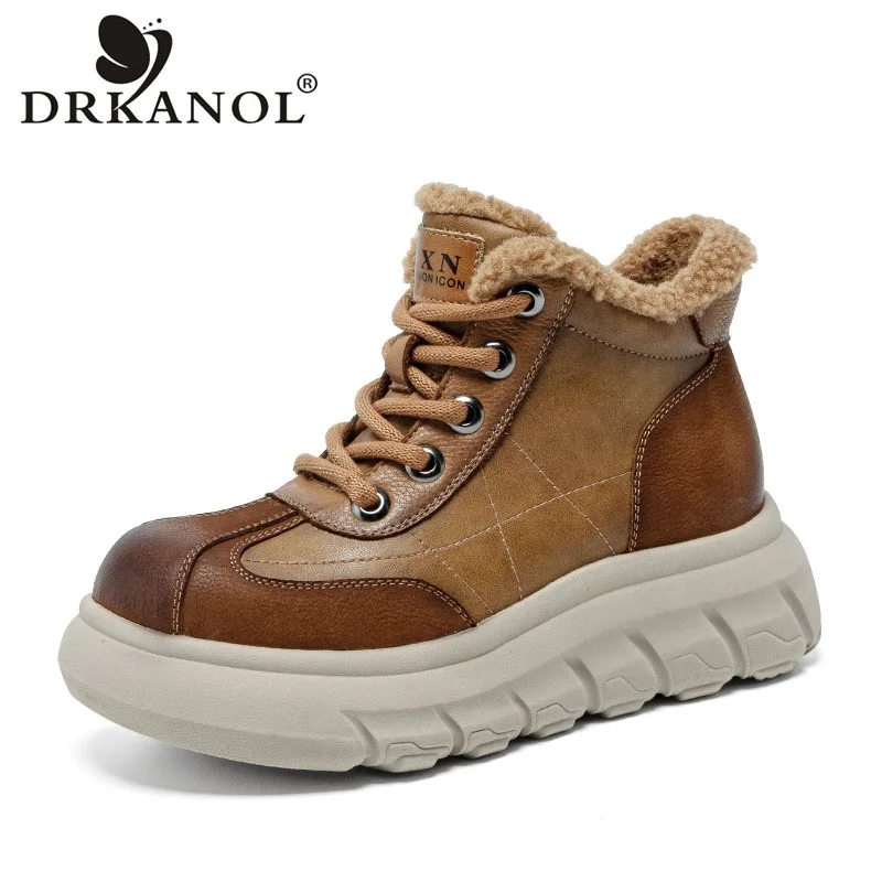 DRKANOL Women Snow Boots Winter Warm Shoes Mixed Colors Genuine Leather Lace-Up Wedges Height Increasing Platform Ankle Boots