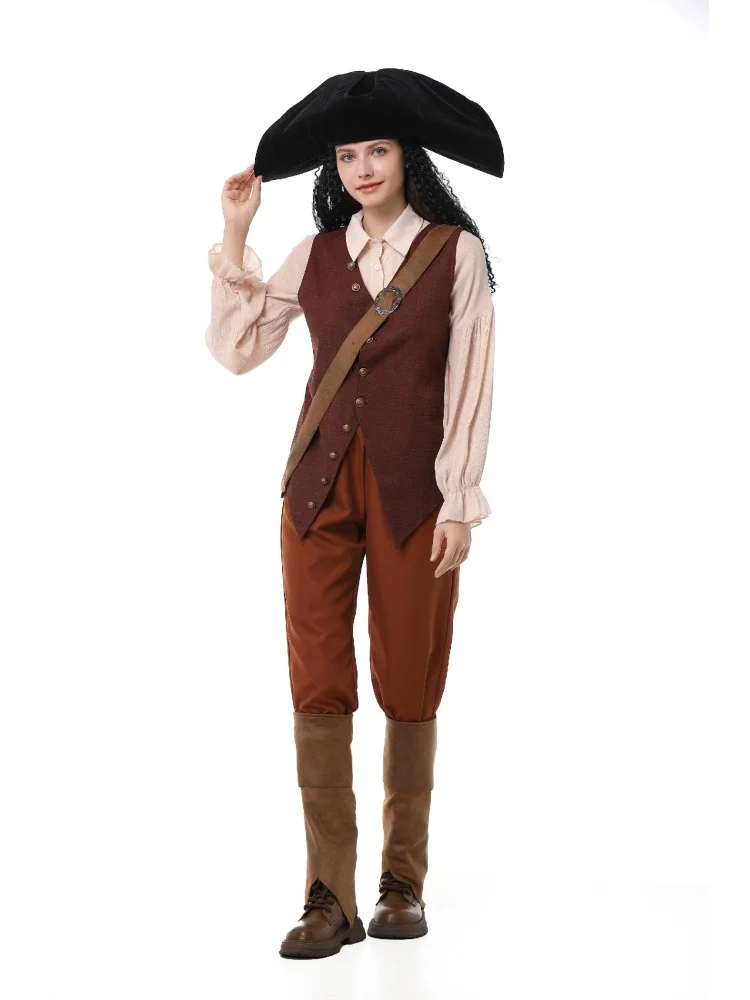 Erwachsenen-Vintage-Piratenkostüm, Gerüschte Bluse, Knopfweste, Schwarzer Dreispitz, Halloween-Bühnenauftritt, Ausgefallenes Outfit-Set – Detail 8