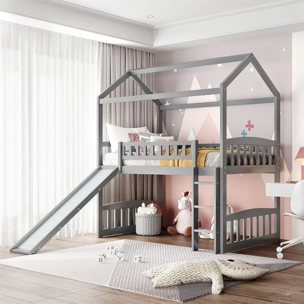 Twin Size Kids' Bed with Slide, Ladder, and Guardrail in Gray