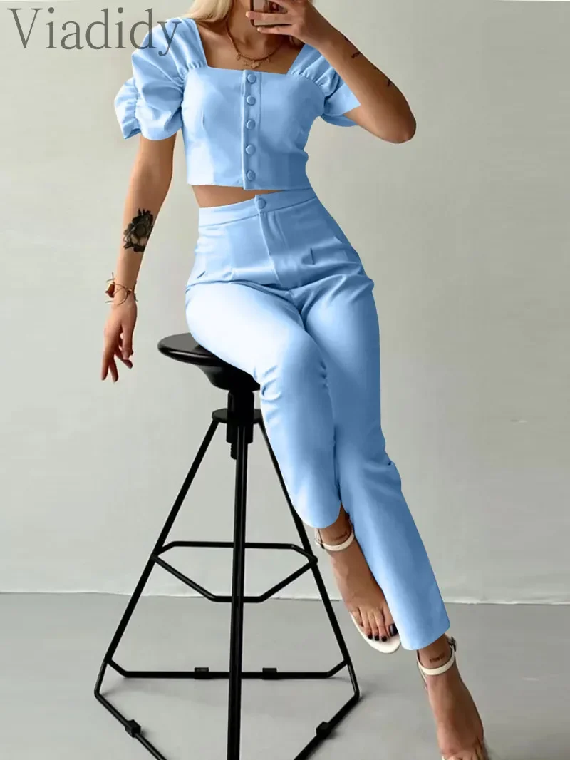 

Casual Solid Color Puff Sleeve Square Neck Top and High Waist Pants 2pcs Set