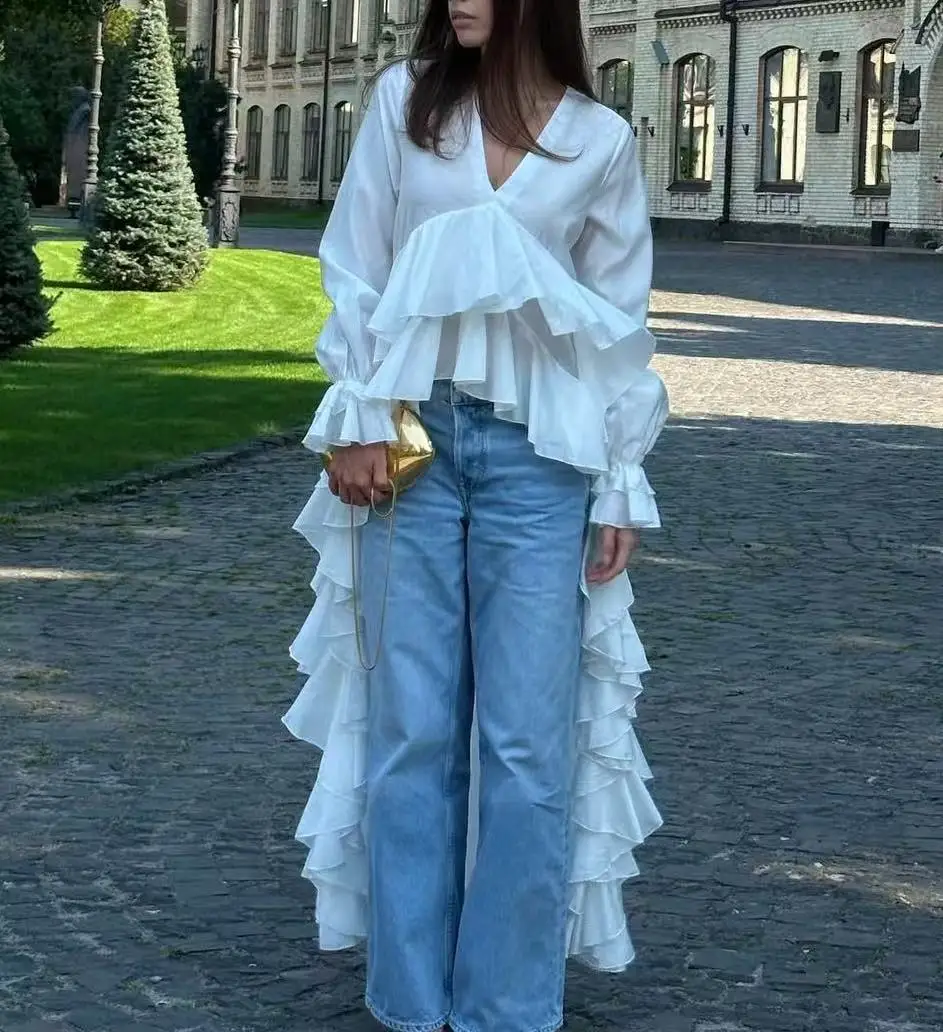 

Causal Loose White Women's Shirt Fashion V-Neck Long Sleeve Pullover Shirts Elegant Ruffle Irregular Top Female Streetwear