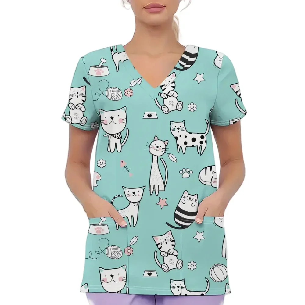 Клиническая униформа, женская модная ветеринарная форма с милым котом и мультяшным принтом, топы для кормления с карманами, летняя хирургическая униформа с короткими рукавами, женская