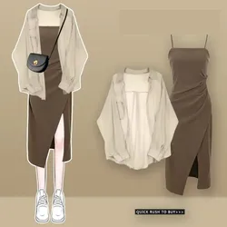 2025 mujeres Primavera/Novedad de verano moda conjunto a juego coreano elegante camisa de manga larga + vestido de tirantes Sexy traje de falda femenina de dos piezas