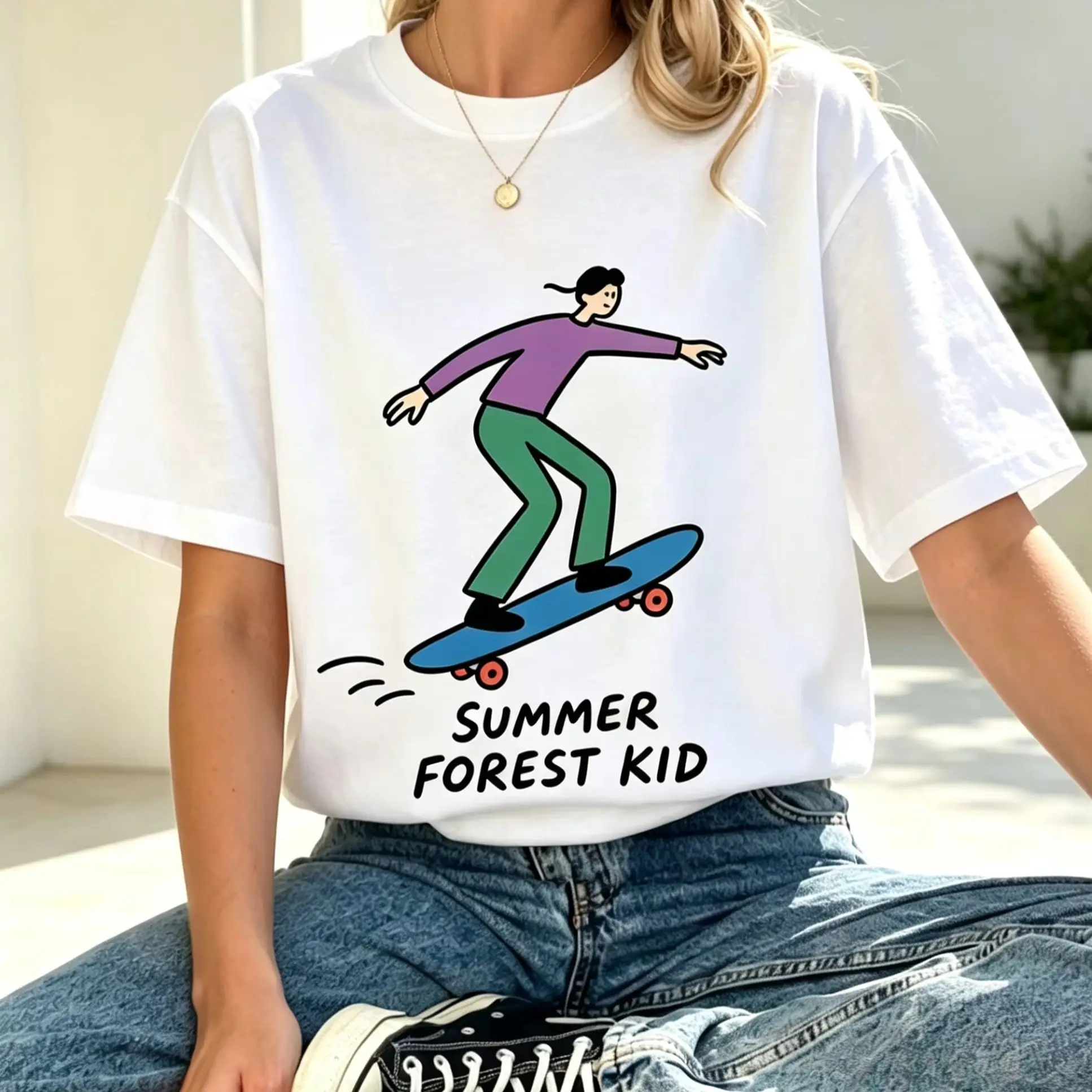 Women Casual T Shirt Summer Forest Kid Skateboard Cartoon Graphic Tee Streetwear Loose Short Sleeve Tops