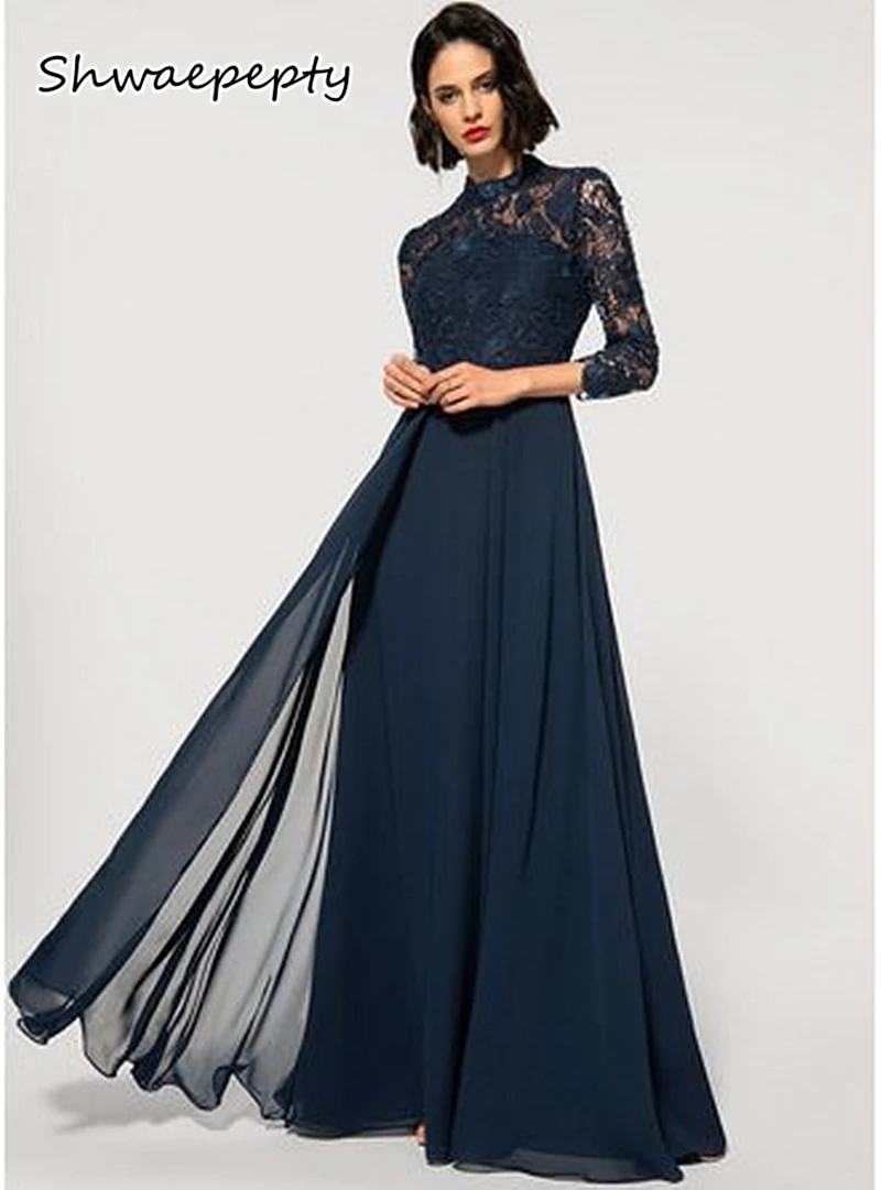 Dark Navy Blue A Line Long Mother Of The Bride Dress Lace Sleeves High Neck Chiffon Wedding Party Dress For Women Customized