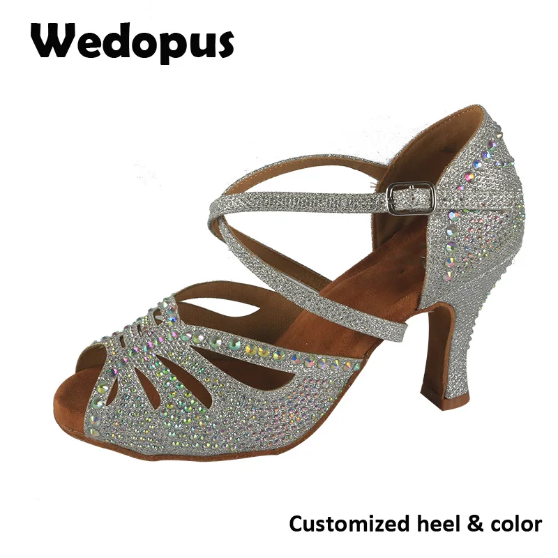 

Wedopus/женская вечерняя танцевальная обувь, блестящая обувь со стразами и мягкой подошвой для латинских танцев, женские танцевальные туфли для сальсы на свадьбе
