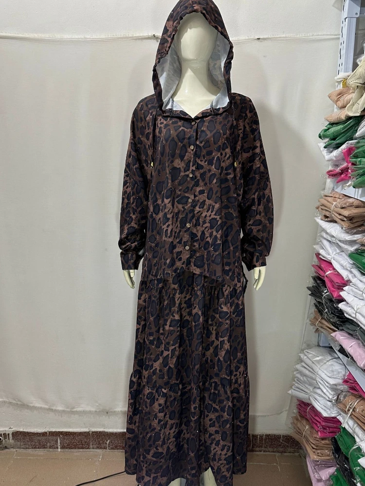 Muslim Two Pieces Set Women Dubai Dress Buttons Tops Skirt Suits Abaya Arab Kaftan Islam Leopard Print Outfits Turkey Jalabiya