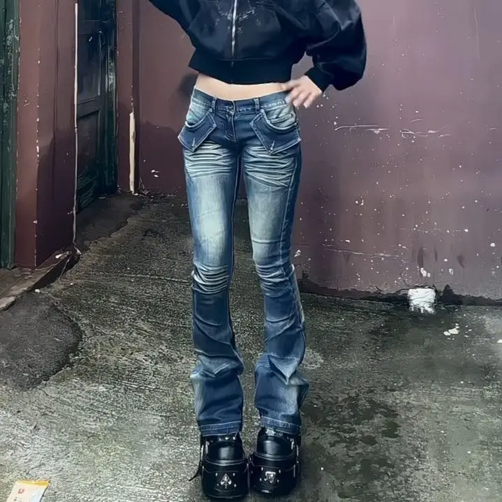 بنطلون جينز نسائي عتيق باللون الأزرق منخفض الارتفاع مطرز بتصميم أمريكي عتيق Y2K من قماش الدنيم المغسول بقصة ضيقة بنطال واسع الساق #2