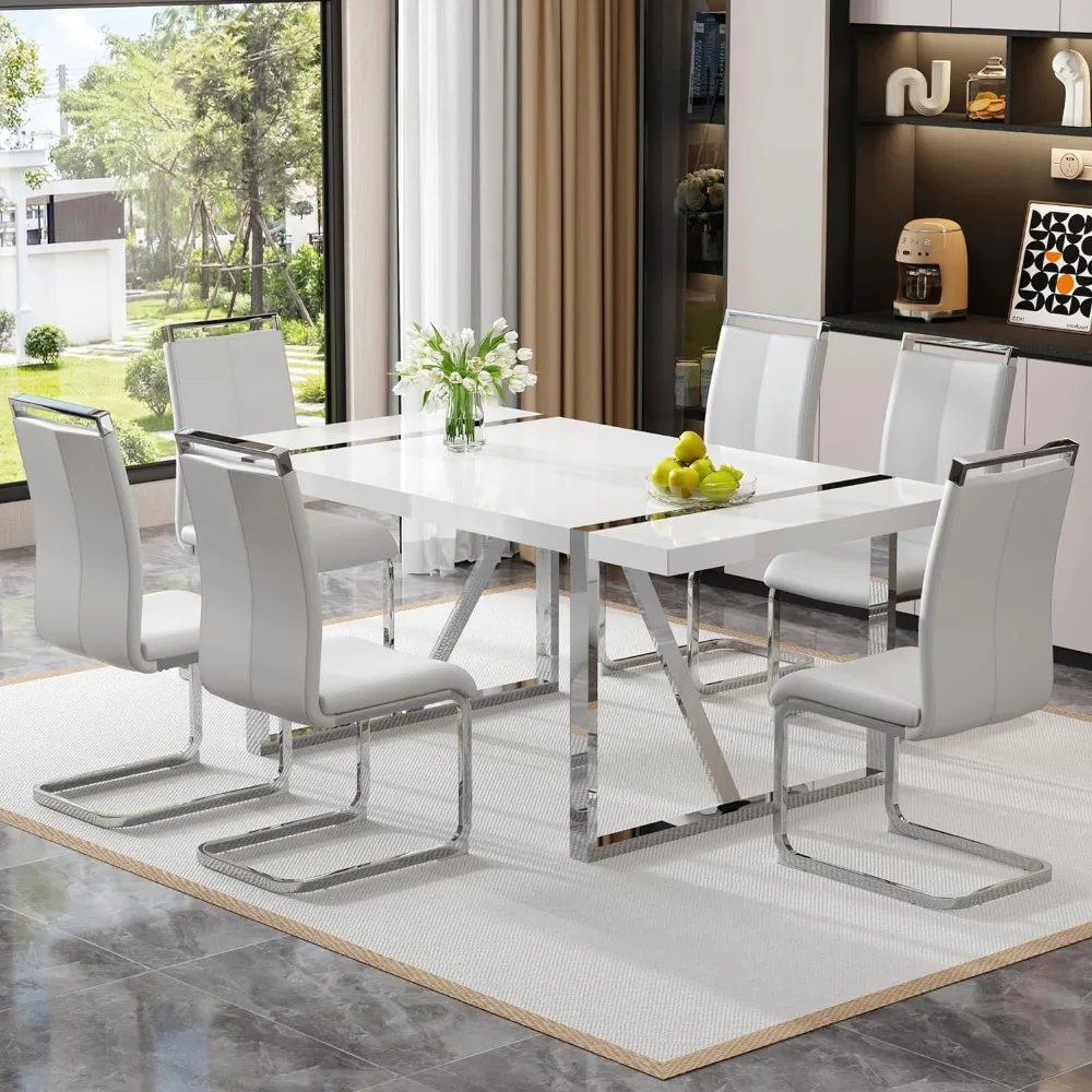 

Dining Table Set for 6, with Metal Frame Table and PU Leather Fabric Padded Seat Chairs,Kitchen Table and Chairs for 6