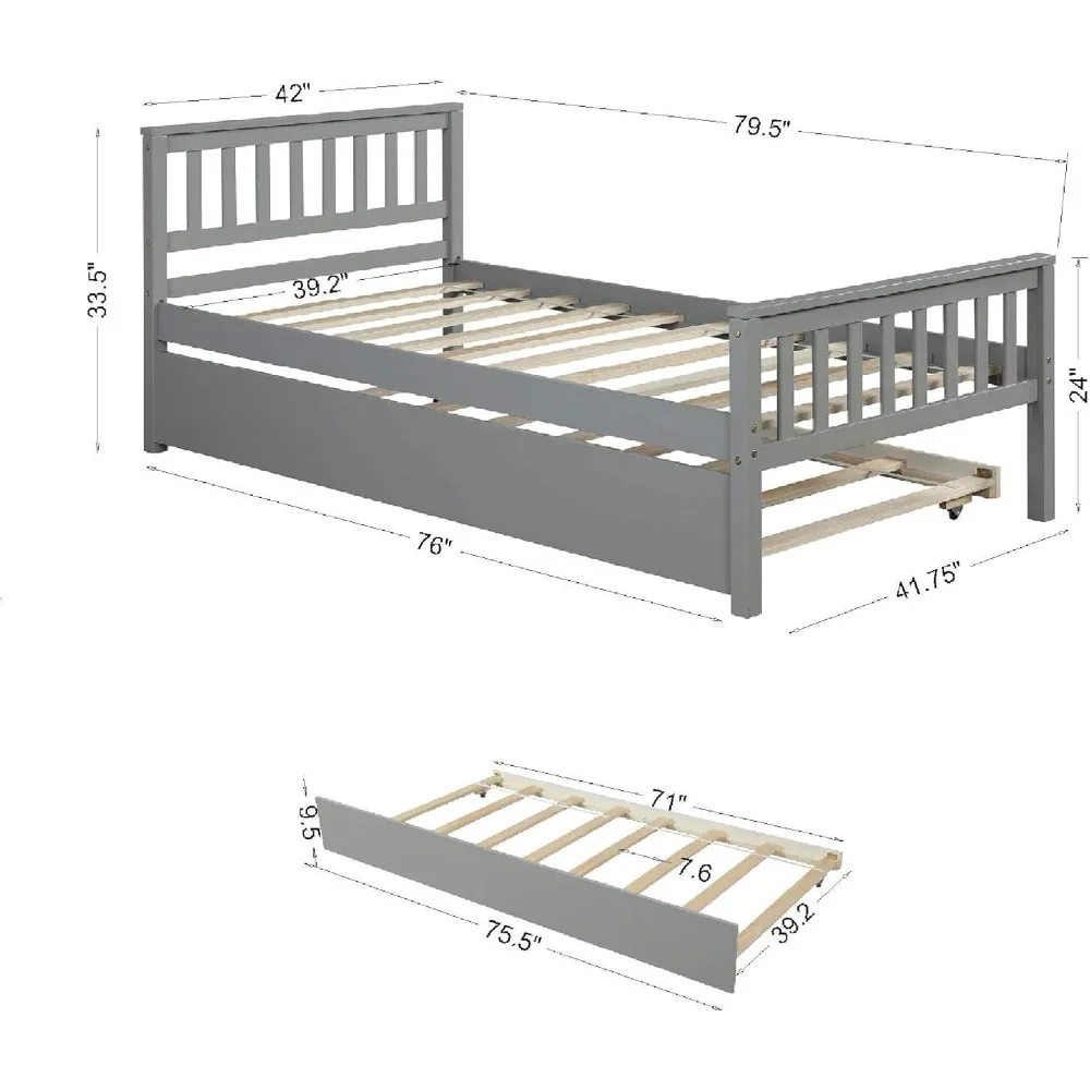 Tempat tidur Platform ganda dengan bagasi, bingkai tempat tidur kayu Solid dengan papan kepala, papan kaki untuk anak laki-laki perempuan remaja