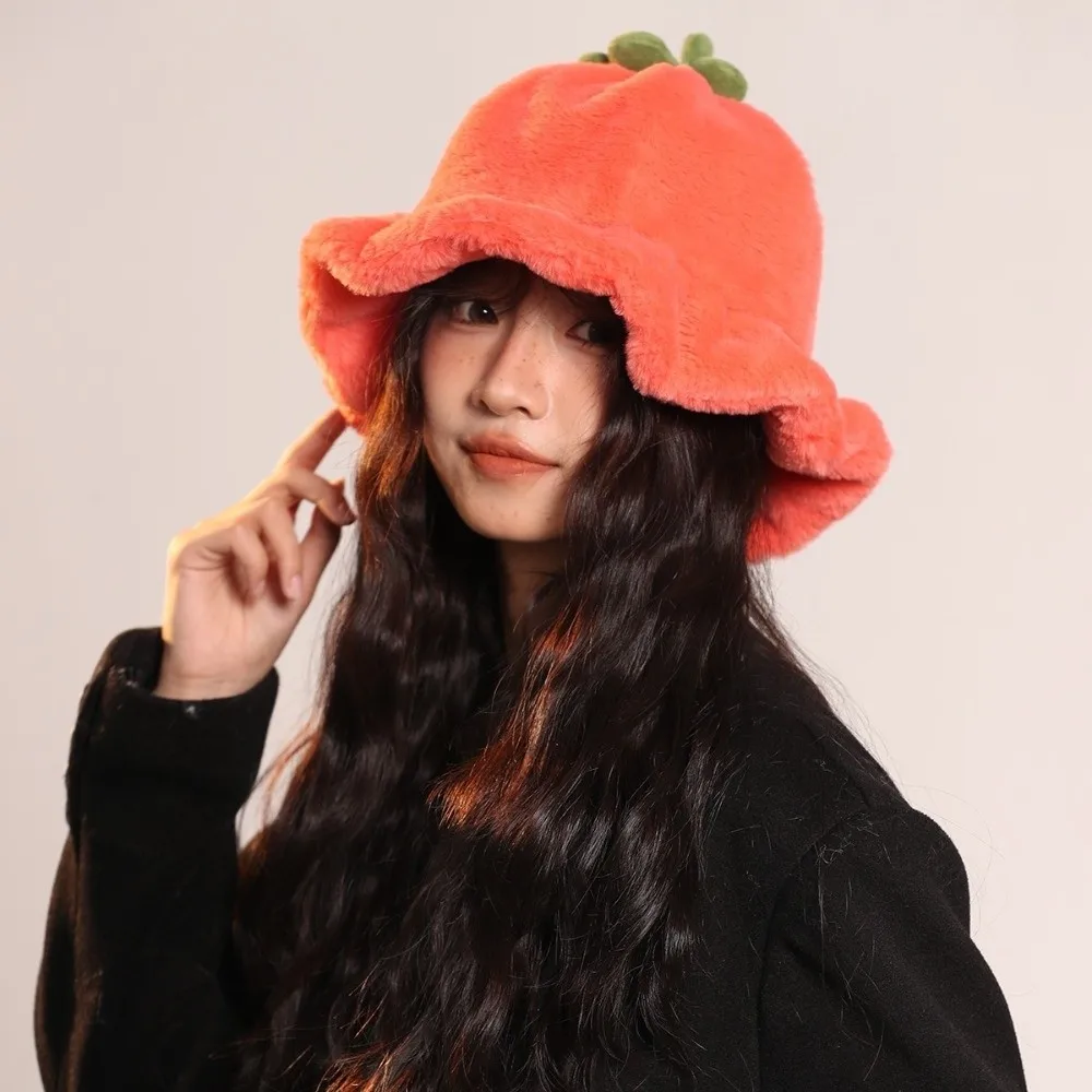 

Cute Tomato Winter Fisherman Hat Rolled-up Fluffy Plush Bucket Hat Ear Protection Hat Keep Warm Beanie Hat Winter/Autumn