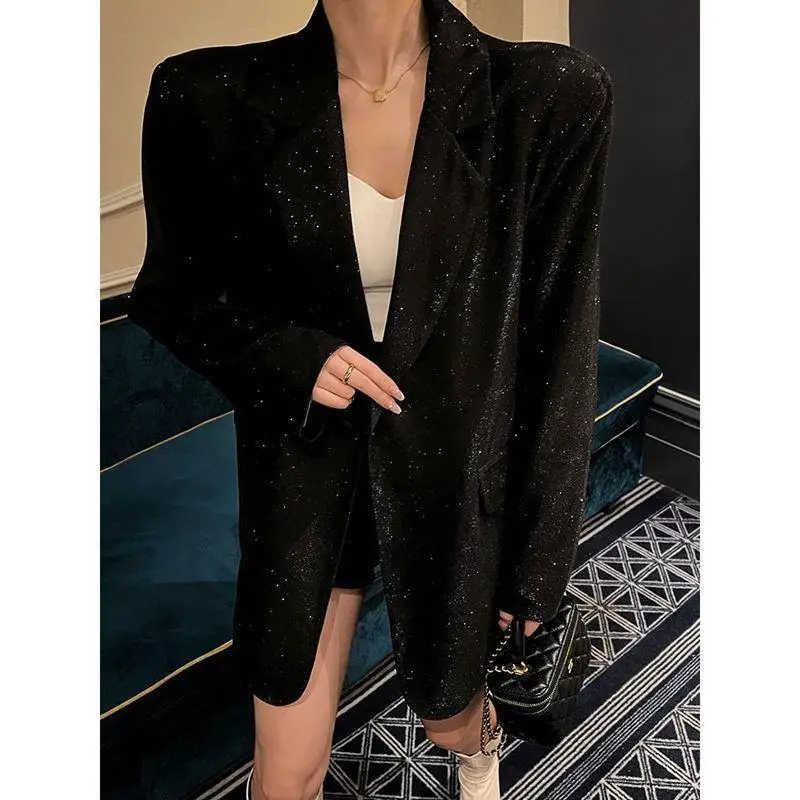 Large size autumn women's clothing design with retro sequin suit, medium length jacket