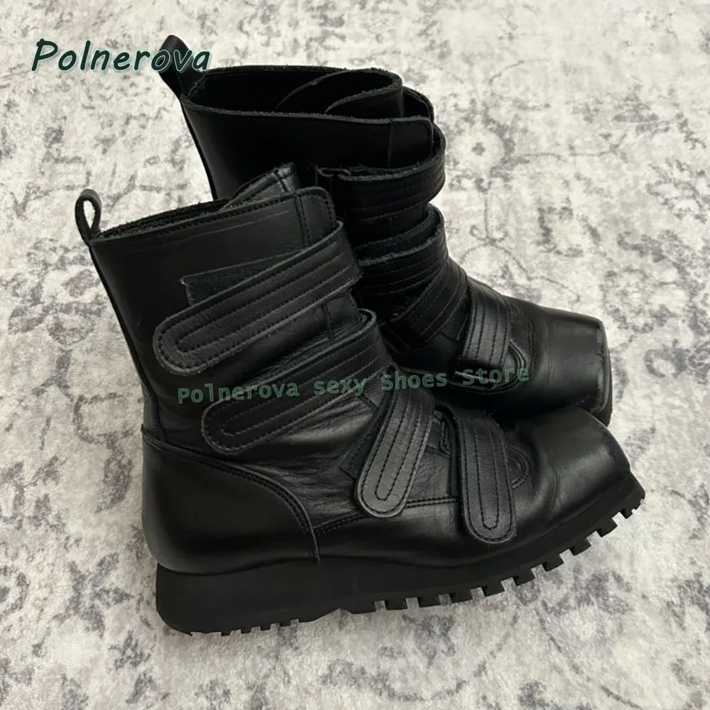 Punk Casual Couple Leather Shoes 2026 Spring Hook and Loop Ankle Boots Square Toe Thick Sole Patchwork Summer Street Style Trend