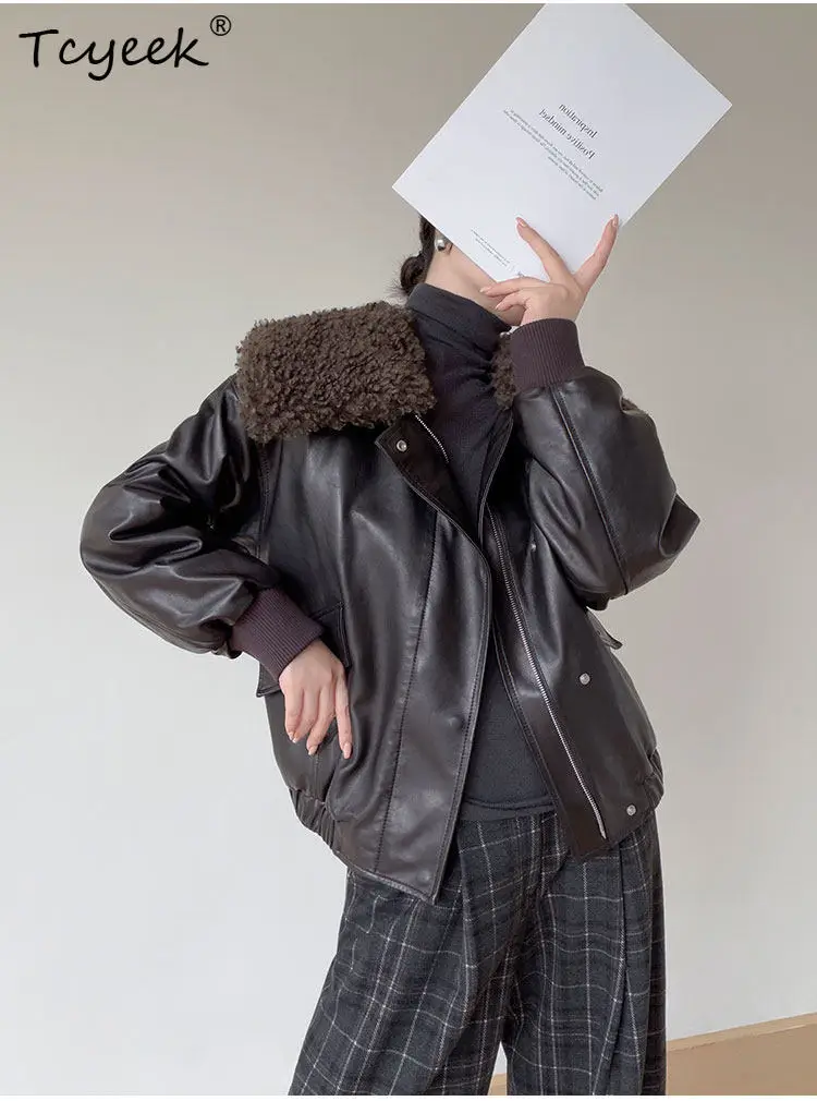 Tcyeek Oil Wax Sheepskin Real Leather Jacket Women Autumn Winter Clothes 90% White Goose Down Womens Coats Warm Wool Fur Collar