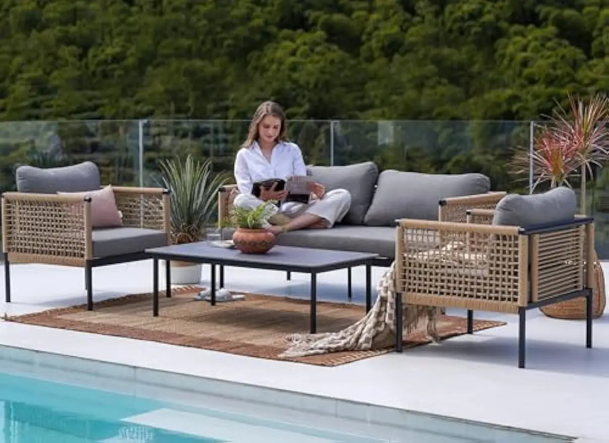 Outdoor 4-Piece Conversation Set Rust Free Patio Furniture Set Open-Weave Wicker Olefin Modern Sofa Seating for Garden