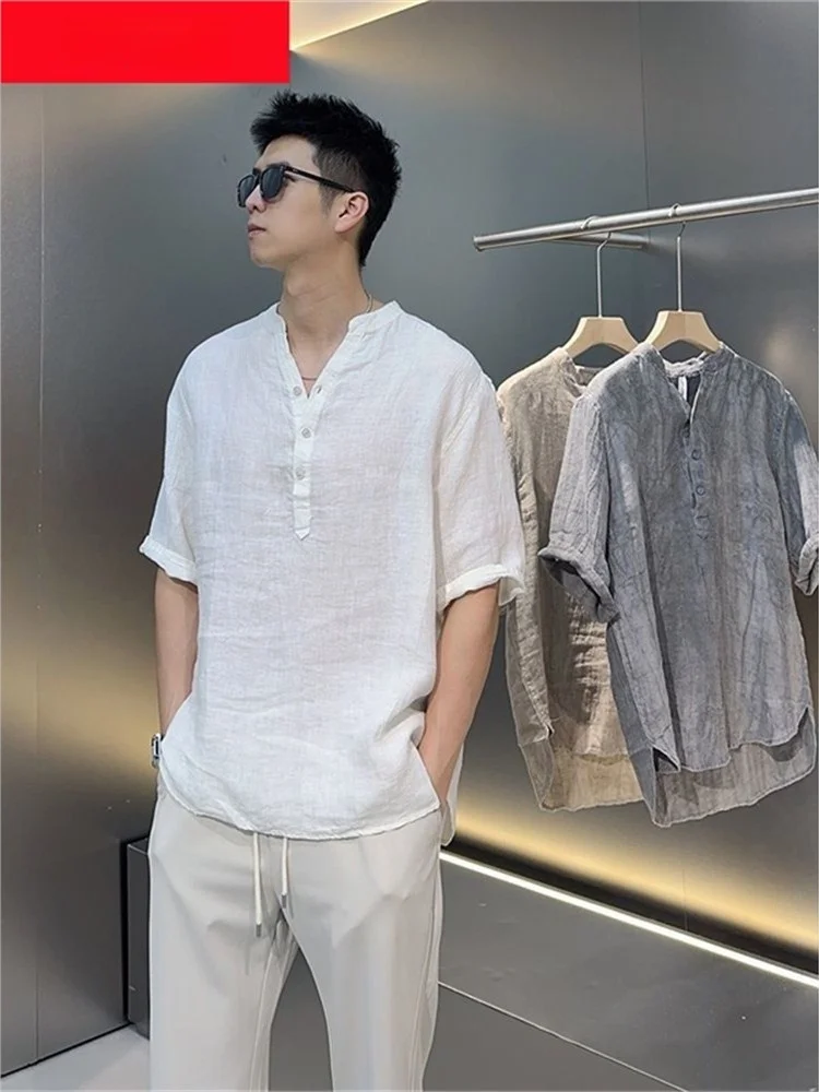 

Высококачественная льняная одежда ort-Sve irt Loose V-Ne Summer New Sle Pleated Feel Five-Serve Мужская повседневная одежда Inner Match C...