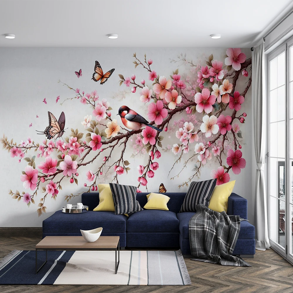 

Customized 3D hand-painted plum blossom butterfly background wall mural wallpaper