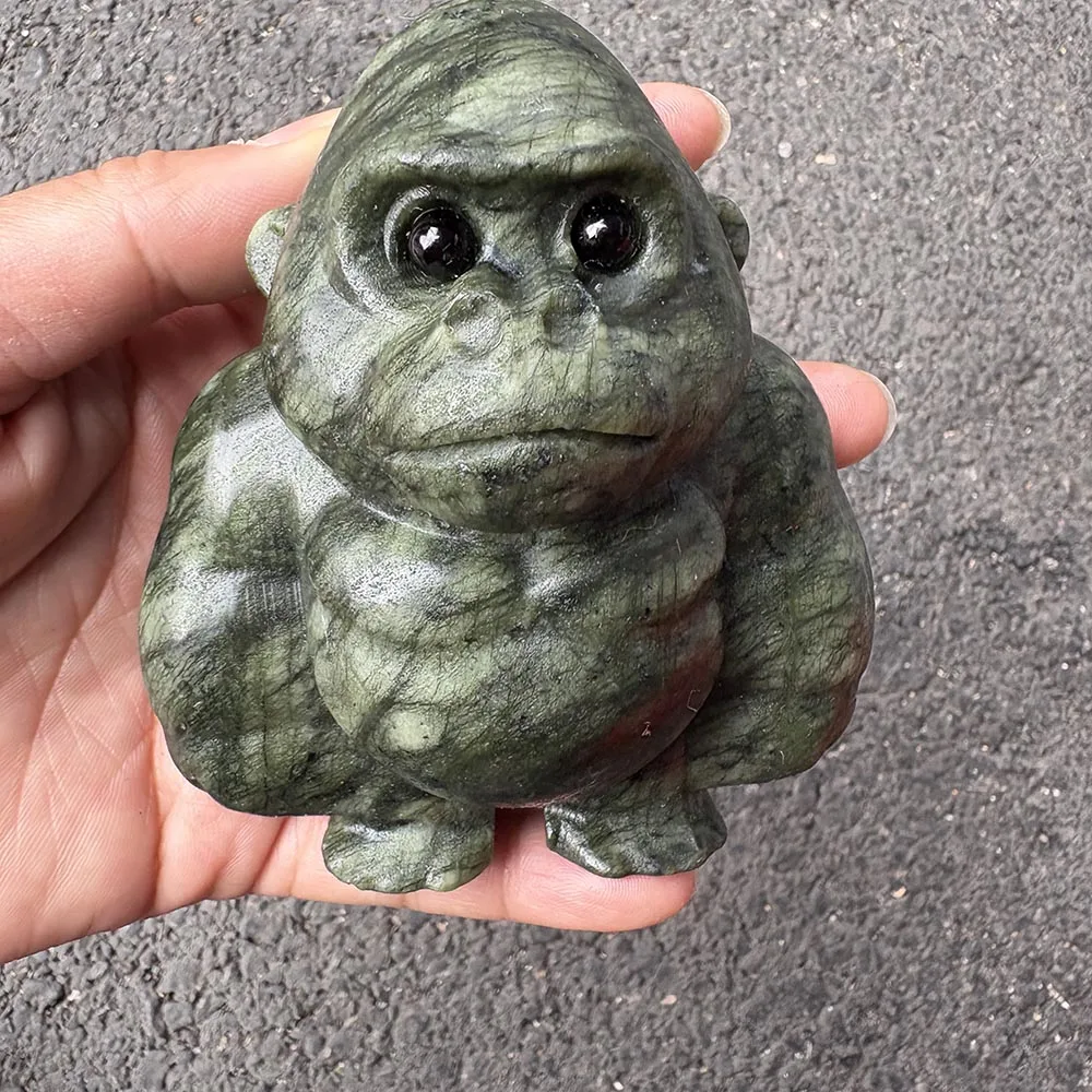Custom-Natural Xiuyan Jade Gorilla Figurine, Gemstone Cute Ape Statue Tabletop Decor for Energy Healing and Protection