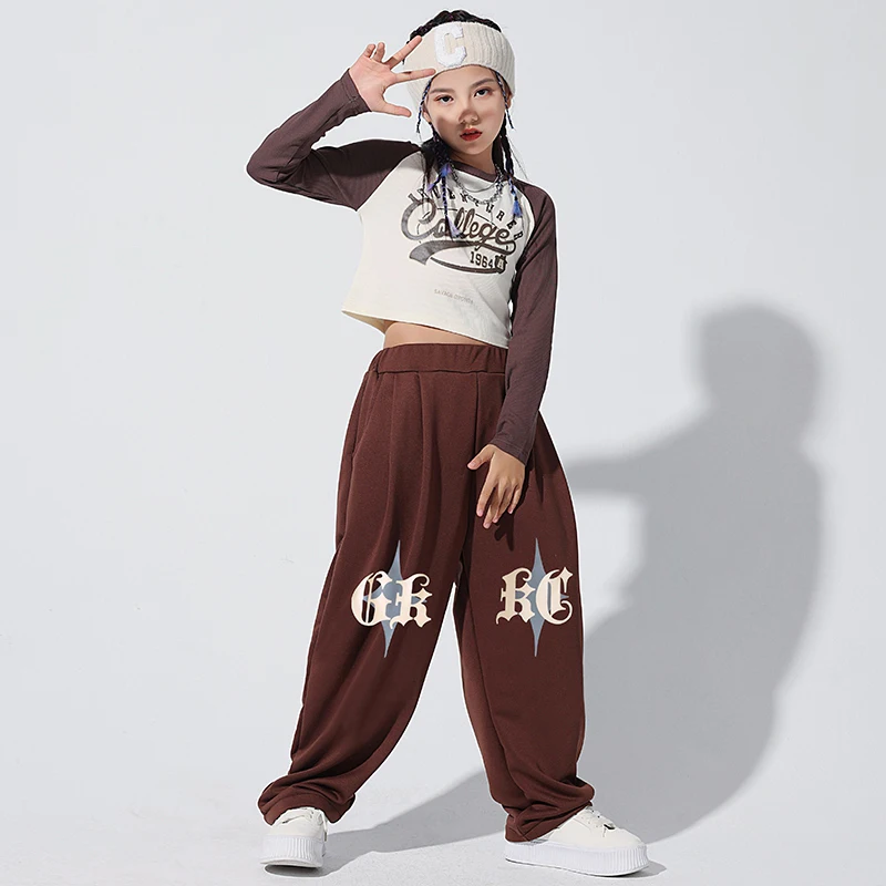 

Girls Long Sleeved Tops Navel Jazz Dance Costume Loose Brown Hip-Hop Pants Concert Kpop Suit Kids Hip Hop Dance Clothes BL9318
