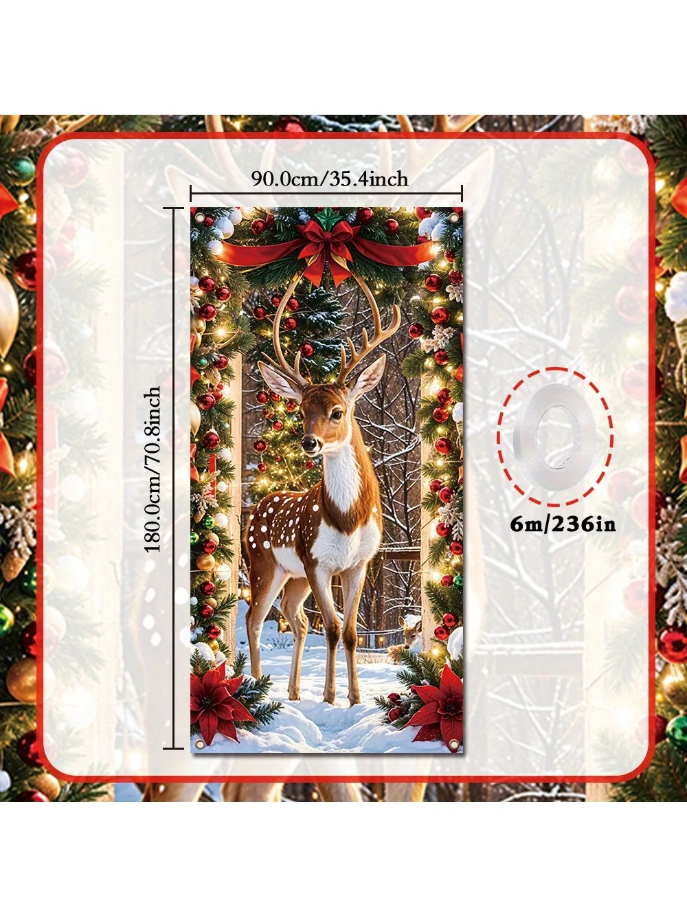 Merry Christmas Porch Banner-Winter snow with Sika deer pattern, indoor and outdoor holiday decorations, suitable for front door