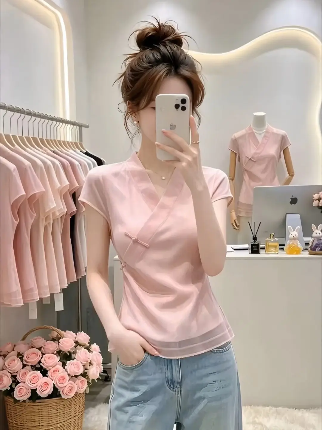 

Retro Chinese Style V-Neck Short Sleeve Slim Fit Shirt Women's Button up Top Fashionable Summer New Arrival Pink Color