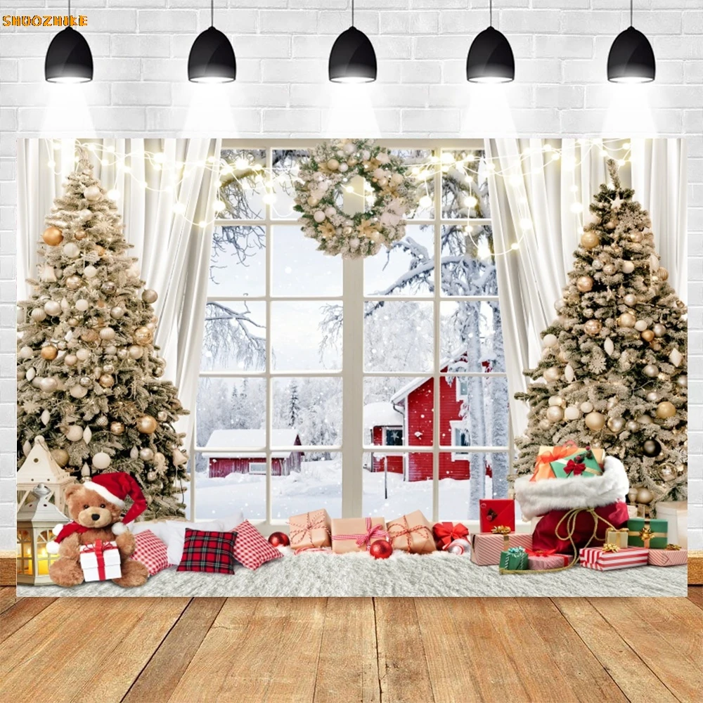 Dekorasi latar belakang fotografi Natal, pohon Natal hadiah jendela pintu kayu kamar Interior anak potret foto latar belakang dekorasi Studio foto
