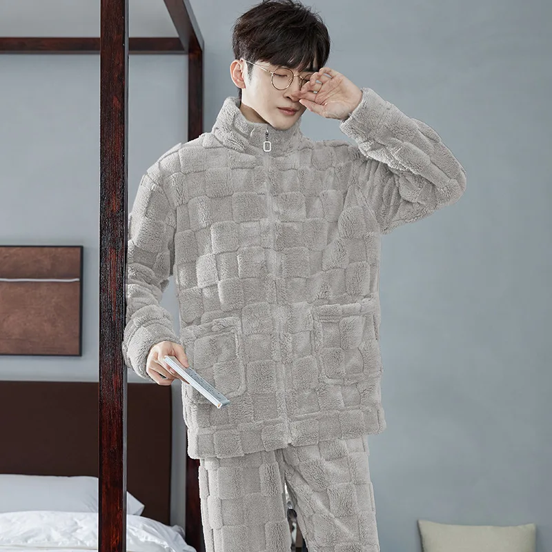 Autumn Wintert Can Be Worn Outside Men\'s Sleep Pajamas Zipper Thickened Homewear Fashion Set Winter