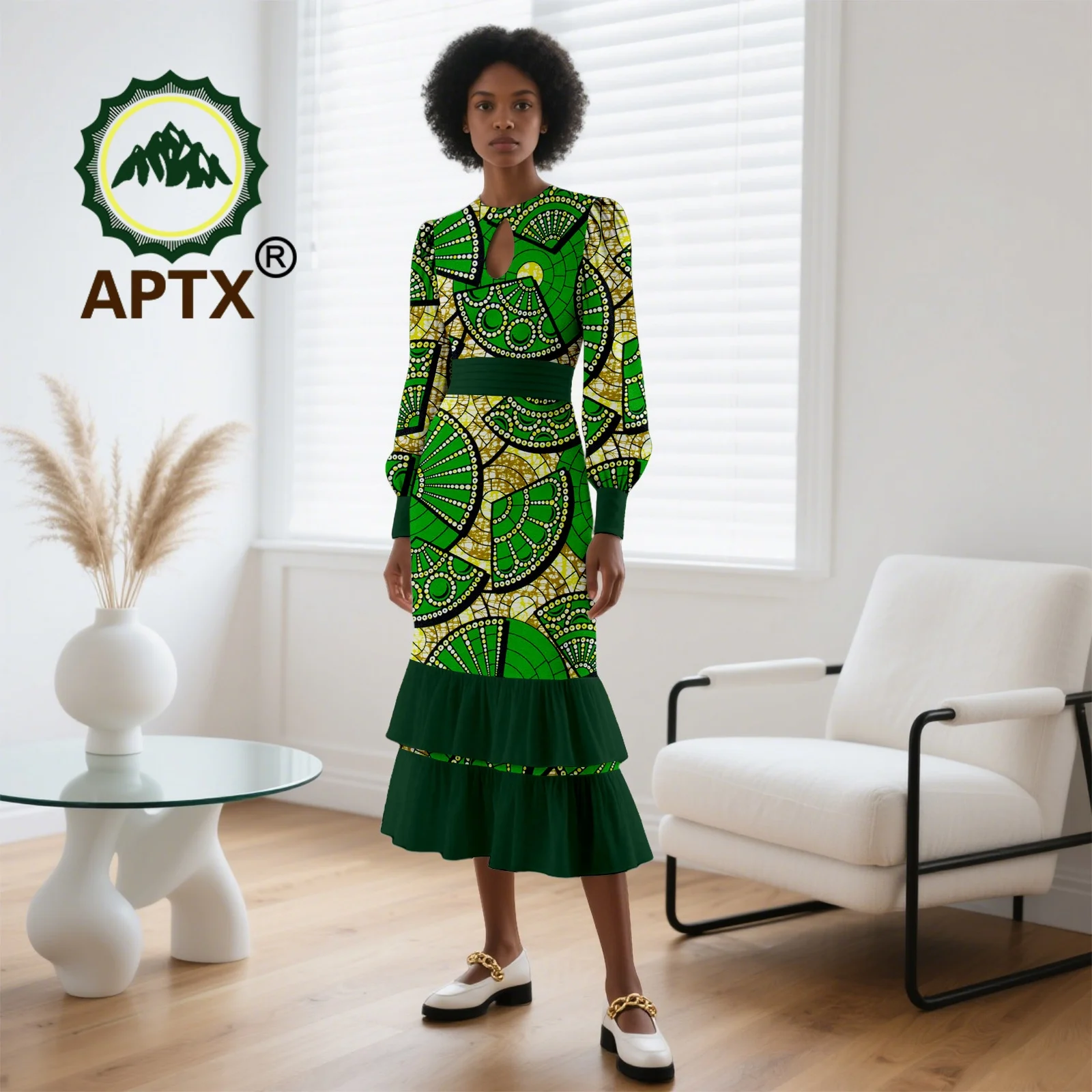 African Dress for Women Ankara Print O-Neck Full Sleeve Mid-Calf Patchwork Cascading Dress Dashiki Casual Party Dress