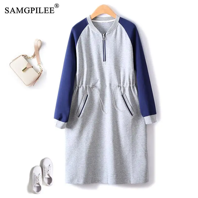 

Simple Casual Dresses For Women 2023 New Color Blocked Drawstring Waist Sports Style Long Sleeve Autumn Winter Female Dress 4XL