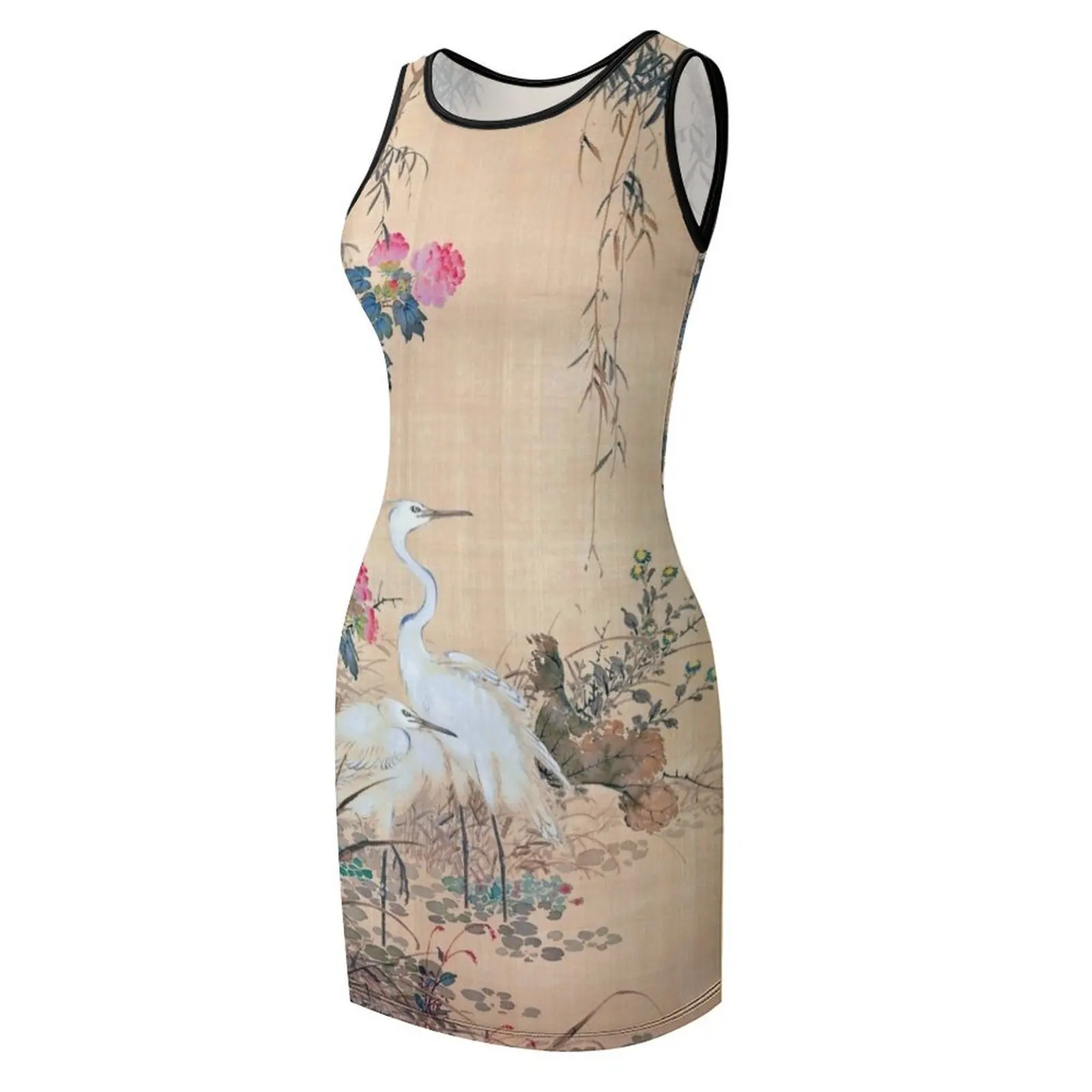 Egrets و Peonies و Willows (العمل الفني الياباني المُعاد ترميمه) فستان صيفي بدون أكمام للنساء 2025 أزياء نسائية