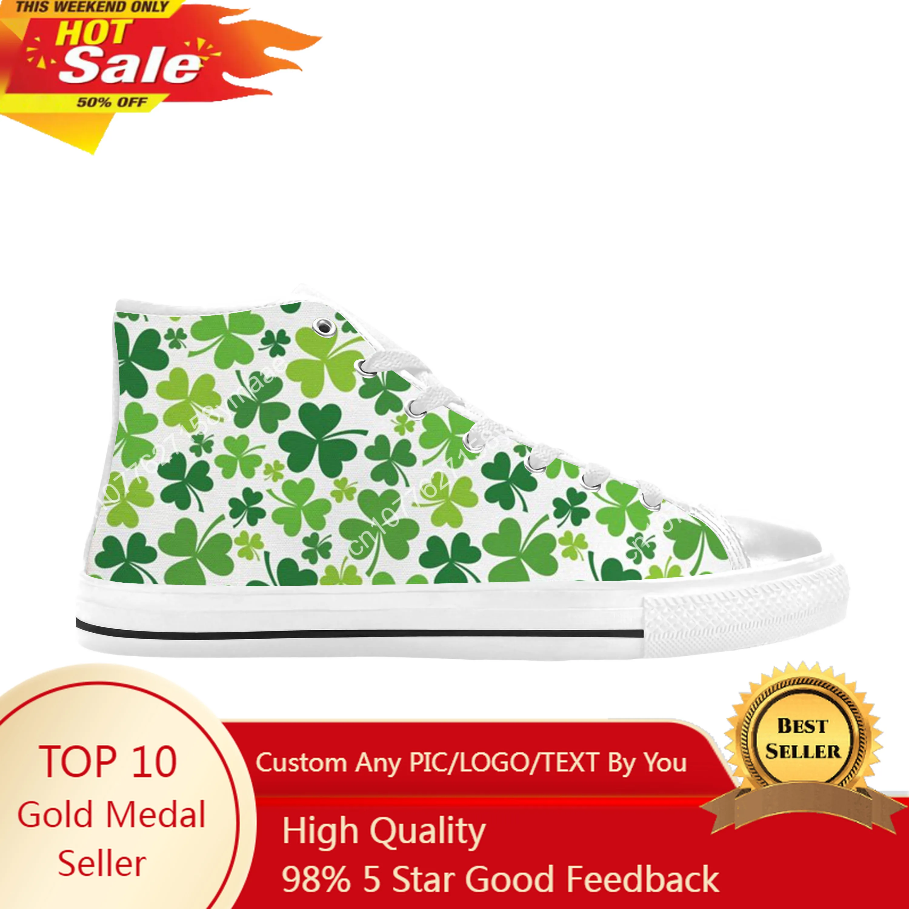 

Happy Clover St Patrick's Day Pattern Shamrocks Casual Cloth Shoes High Top Comfortable Breathable 3D Print Men Women Sneakers