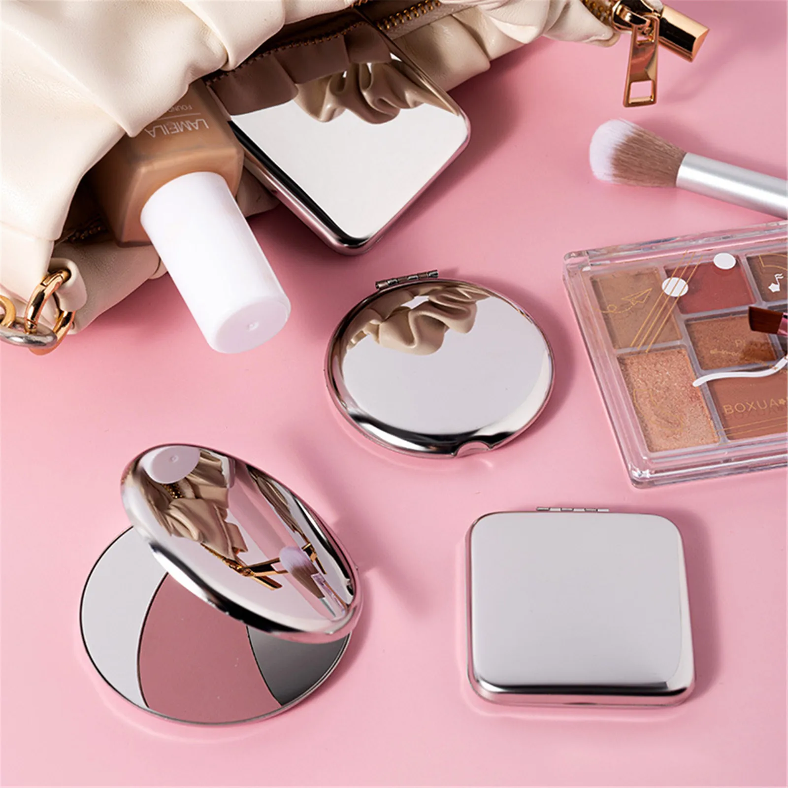 Stainless Steel Portable Double Sided Mirror Rectangular Round Folding Cosmetic Mirror Women Handheld Metal Makeup Mirror