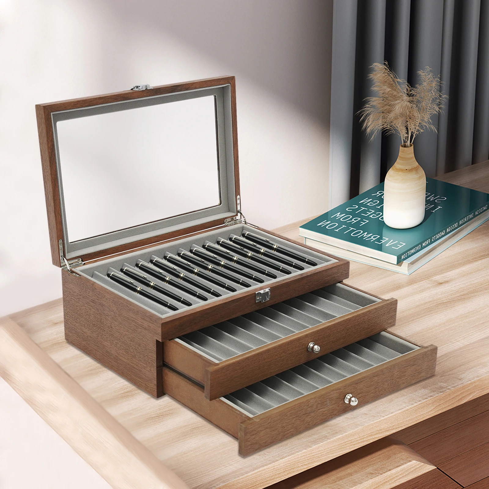 3-Tier 34-Slot Walnut Color Pen Display Box, Rosewood & Velvet Lining—Glass Visible Lid, Retro Style for Collectors