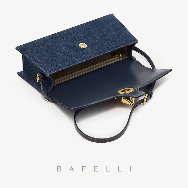 BAFELLI-Bolso de mano de cuero con solapa para mujer, cartera femenina de marca de lujo, estilo RETRO, DENIM, tendencia de hombro, 2023