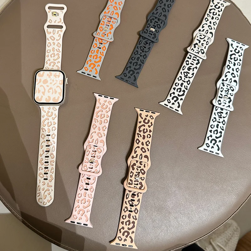 Cute Strap For Apple Watch Band 40 44 42 45 41 49 38mm Leopard Print Silicone Engraved Bracelet Series 8 9 7 SE 6 5 4 ultra 2 3