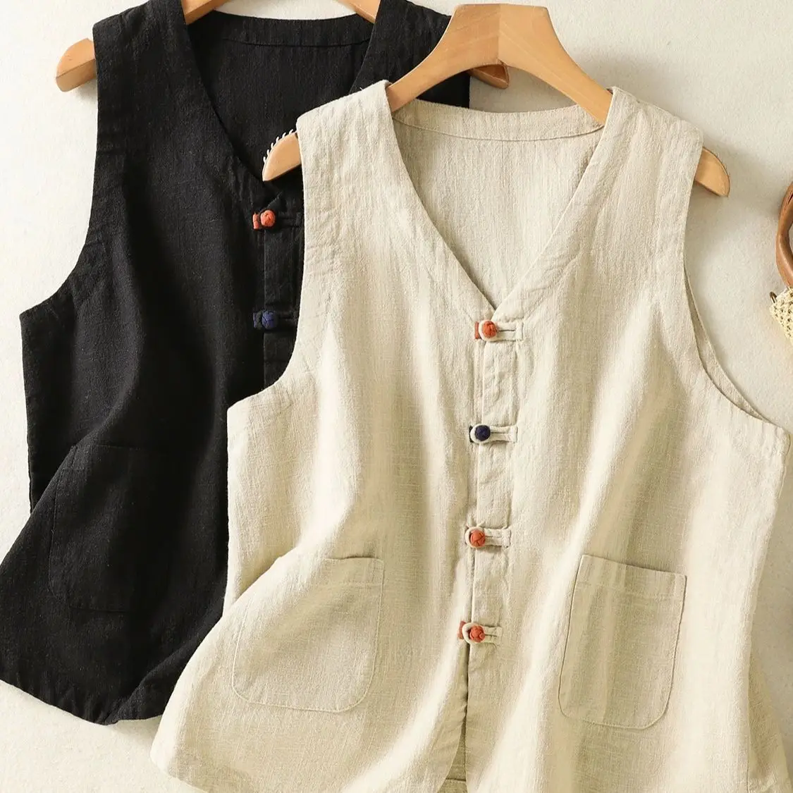 Summer and Autumn Leisure Commuting Pure Color Retro Thin Cotton and Linen Sleeveless Vest Jacket Simple Chinese Style Tops